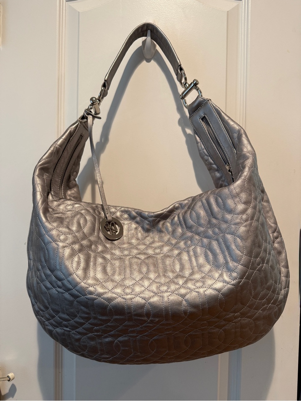 Donald Pliner Silver Quilted Horsebit Hobo Bag